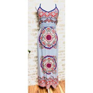 YOYO 5 Boho Maxi Dress Mandala Print Blue Red Spaghetti Strap Smocked Waist M